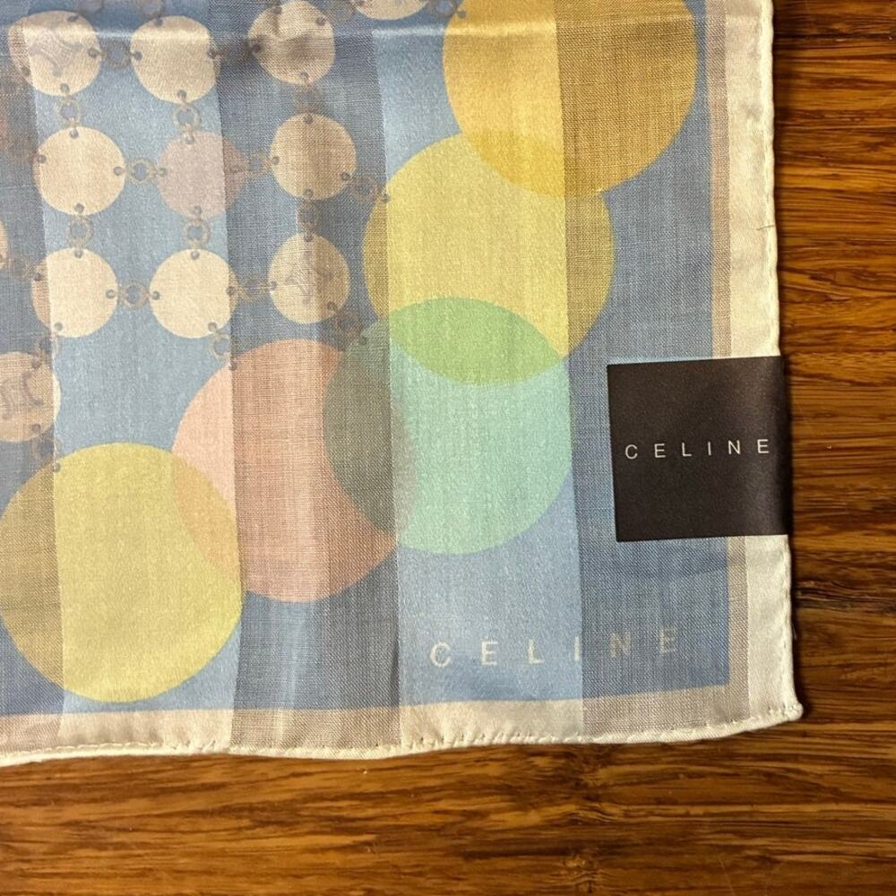 Celine Paris Cotton Handkerchief Scarf Blue Striped Pastel Circles 20” Square - Picture 3 of 6